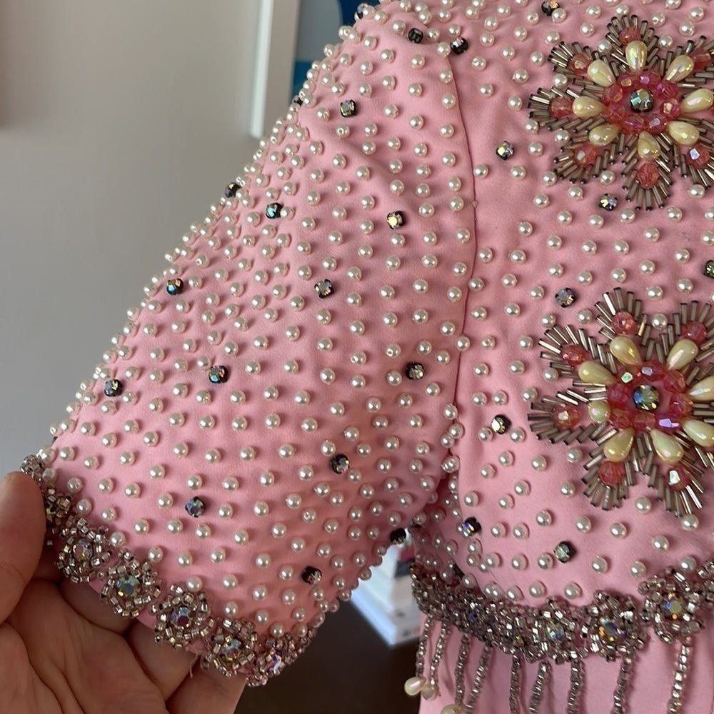 Vintage Chinese Silk Beaded Dress Pink Maxi Cheongsam Style Embellished Formal G - Picture 6 of 14